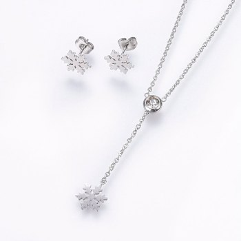 304 Stainless Steel Jewelry Sets, Stud Earrings and Pendant Necklaces, with Rhinestone, Snowflake, Stainless Steel Color, 16.54 inch(42cm), 10.5x9x1mm, Pin: 0.8mm