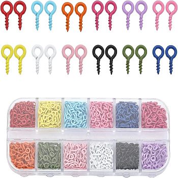 1200 12 Colors Stoving Varnish Iron Screw Eye Pin Peg Bails, For Half Drilled Beads, Mixed Color, 8x4x1mm, Hole: 1.8mm, Pin: 1.2mm, 100Pcs/color