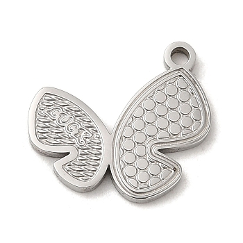304 Stainless Steel Pendants, Textured and Laser Cut, Butterfly Charm, Stainless Steel Color, 15x16x1.5mm, Hole: 1.5mm