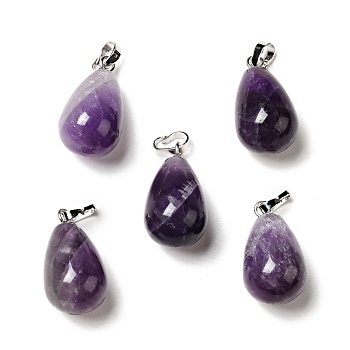 Natural Amethyst Pendants, with Platinum Tone Brass Findings, Teardrop Charm, 20~21x11~12mm, Hole: 6x3.5mm