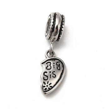 304 Stainless Steel European Dangle Charms, Large Hole Pendants, Half Heart with Word Big Sis, Antique Silver, 24mm, Heart: 14x7x3mm, Hole: 4mm