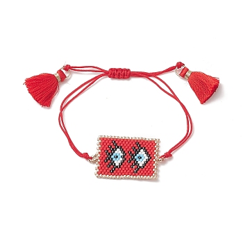 Handmade Japanese Seed Rectangle Braided Bead Bracelets, Tassel Charm Bracelet for Women, Eye Pattern, Pendant: 38x22x1.5mm, Maximum Inner Diameter: 3-1/2 inch(9cm)
