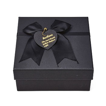 Square Cardboard Gift Boxes, with Bowknot & Lids, for Birthday, Wedding, Baby Shower, Black, 16x16x7.5cm