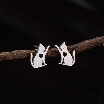 Stainless Steel Small Animal Stud Earrings for Women, Cat Shape, Left and Right, Stainless Steel Color, 60x40mm