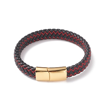 Leather Braided Cord Bracelets, with Nylon and 304 Stainless Steel Magnetic Clasp, Rectangle, Golden, 8-5/8 inch(22cm), 12x6mm