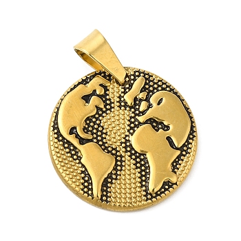 Vacuum Plating 304 Stainless Steel Pendants, Flat Round with Map Charm, Antique Golden, 20x2mm, Hole: 6x3.5mm