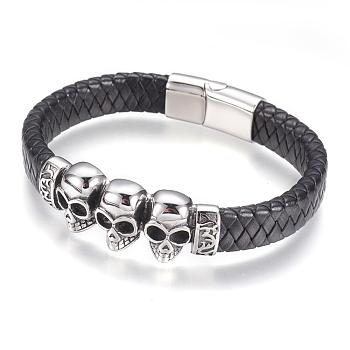 Leather Cord Bracelets, with 304 Stainless Steel Findings and Magnetic Clasps, Skull, Antique Silver, 8-7/8 inch(225mm)