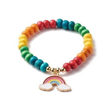 Cute Rainbow Alloy Enamel Charm Bracelet for Kid, Dyed Natural Wood Beads Stretch Bracelet for Gift, Colorful, Inner Diameter: 1-3/4 inch(4.4cm)