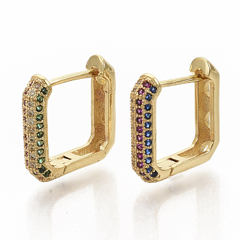 Brass Micro Pave Colorful Cubic Zirconia Hoop Earrings, Square, Real 16K Gold Plated, 16x16x4mm, Pin: 1x1mm