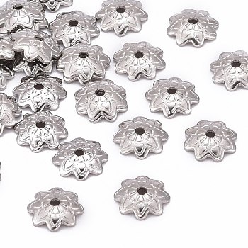 304 Stainless Steel 8-Petal Flower Bead Caps, Stainless Steel Color, 7x1.5mm, Hole: 1mm, about 36~38pcs/5g