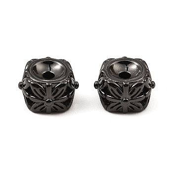 Brass Beads, Long-Lasting Plated, Lead Free & Cadmium Free, Column with Flower, Gunmetal, 11.5x11.5x7mm, Hole: 2mm