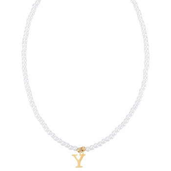Imitation Pearl with Stainless Steel Pendants Necklaces, Lead Free & Nickel Free & Cadmium Free, Letter, Letter Y, 15.83~16.22 inch(40.2~41.2cm), end extender: 48~51mm long, pendants: 12.5x10.5mm