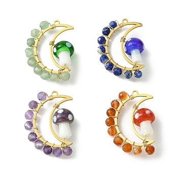 4Pcs 4 Styles Natural Mixed Gemstone Faceted Pendants, Golden Tone 201 Stainless Steel Moon Charms with Handmade Lampwork Mushroom, 30x21.5~22x9.5~10mm, Hole: 1.6mm, 1pc/style