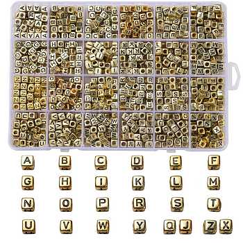 Acrylic Beads, Horizontal Hole, Metallic Plated, Cube with Letter, Letter A~Z, 934pcs/box
