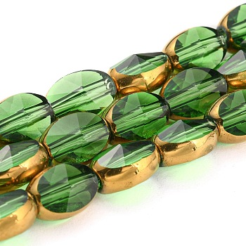 Electroplate Transparent Glass Beads Strands, with Golden Plated Edge, Faceted Oval, Lime Green, 8~9x6.5x5mm, Hole: 1.2mm, about 37pcs/strand, 23.78 inch(60.4cm)