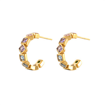 Golden Titanium Steel Ring Stud Earrings, Rhinestone Half Hoop Earrings, Colorful, 18.2mm