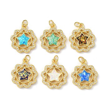 Brass Micro Pave Cubic Zirconia Pendants, with Synthetic Opal and Jump Ring, Flower with Star, Real 18K Gold Plated, 19.5x17x3mm, Hole: 3.5mm