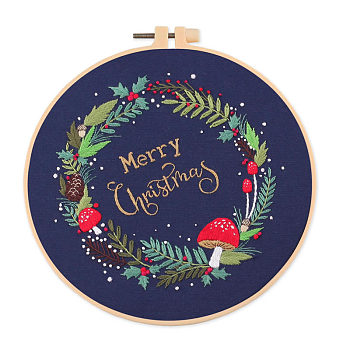 DIY Christmas Theme Embroidery Kits, Including Printed Cotton Fabric, Embroidery Thread & Needles, Plastic Embroidery Hoop, Christmas Wreath, 200x200mm