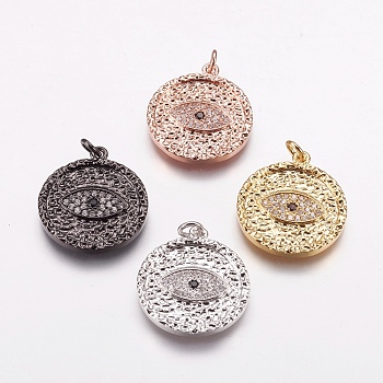 Brass Micro Pave Cubic Zirconia Pendants, Flat Round with Eye, Mixed Color, 24x21x2mm, Hole: 2.5mm