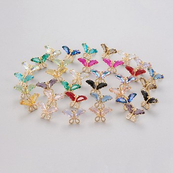 Brass Micro Pave Clear Cubic Zirconia Stud Earrings, with Glass and Plastic Ear Nuts, Butterfly, Golden, Mixed Color, 14.5~15x23mm, Pin: 0.7mm
