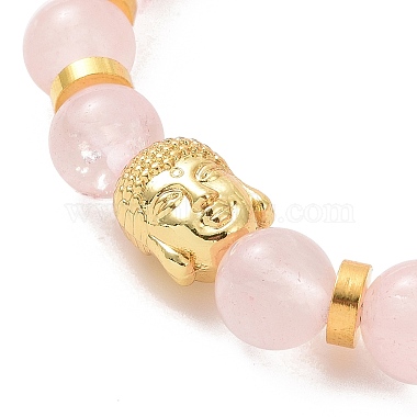 Bracelets extensibles en perles de tête de bouddha en quartz rose naturel et alliage(BJEW-JB09420-03)-2