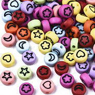 Opaque Acrylic Beads, with Enamel, Flat Round with Heart & Star & Moon & Flower
, Mixed Color, 7x4mm, Hole: 1.5mm, about 3670pcs/500g(MACR-N008-33)