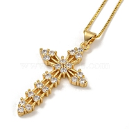 Brass Pave Clear Cubic Zirconia Cross Pendant Necklaces for Women Men, Real 18K Gold Plated, 17.52 inch(44.5cm)(NJEW-Q346-05G-01)