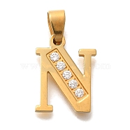 Ion Plating(IP) 304 Stainless Steel Rhinestone Pendants, Letter N, 17~19x10.5~18x2mm, Hole: 6.5x3.5mm(STAS-U035-01G-N)