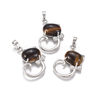 Natural Tiger Eye Kitten Pendants, with Platinum Tone Brass Findings and Crystal Rhinestone, Cat with Bowknot Shape, 32x25.5x7.5mm, Hole: 4.5x7mm(G-L512-R12)