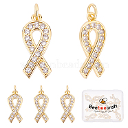 10Pcs Brass Micro Pave Clear Cubic Zirconia Pendants, with Jump Ring, Long-Lasting Plated, Awareness Ribbon Shape, Real 18K Gold Plated, 21x9x2mm, Jump Rings: 5x1mm, 3mm Inner Diameter(KK-BBC0004-12)