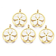 316 Surgical Stainless Steel Pendants, with Jump Rings and Enamel, Real 18K Gold Plated, Ring with Flower, White, 15.5x14x1mm, Hole: 1.4mm, Jump Ring: 3.5x0.5mm, 1.4mm inner diameter(STAS-N097-030A)