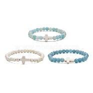 3Pcs 3 Style Natural Blue Quartz & Grade A Amazonite & Turquoise Cross Beaded Stretch Bracelets Set, Mixed Color, Inner Diameter: 2-3/8 inch(6cm), 1Pc/style(BJEW-JB09408)