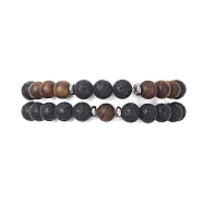 2Pcs 2 Style Natural Wood & Lava Rock Round Beaded Stretch Bracelets Set for Women, Coconut Brown, Inner Diameter: 2-1/4 inch(5.7cm), 1Pc/style(BJEW-JB09381-01)