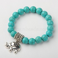 Dyed Synthetic Howlite Elephant Stretch Bracelets, with CCB Plastic Beads and Tibetan Style Alloy Pendants, Antique Silver Metal Color, Light Sea Green, 2-1/8 inch(5.5cm)(X-BJEW-JB01338)
