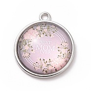 Mother's Day Theme Alloy Glass Pendants, Flat Round with Word, Pearl Pink, 23.5x20x6mm, Hole: 2mm(FIND-A014-02A)