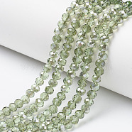 Electroplate Transparent Glass Beads Strands, Half Gray Plated, Faceted, Rondelle, Pale Green, 6x5mm, Hole: 1mm, about 85~88pcs/strand, 16.1~16.5 inch(41~42cm)(EGLA-A034-T6mm-E10)