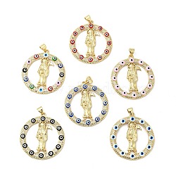 Rack Plating Brass Micro Pave Clear Cubic Zirconia Pendants, with Enamel, Cadmium Free & Lead Free, Real 18K Gold Plated, Ring with Saint & Evil Eye, Mixed Color, 32.5x30x3.5mm, Hole: 3.5x5mm(ZIRC-I059-12G)