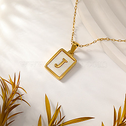 Rectangle Stainless Steel Pave Natural White Shell Initial Pendant Necklaces for Women, Real 18K Gold Plated, Letter J, 15.75 inch(40cm)(FS-WGB5EDA-10)