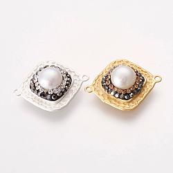 Brass Links connectors, with Rhinestone and Natural Pearl, Rhombus, Mixed Color, 20.5x25x8mm, Hole: 1mm(KK-G316-09)