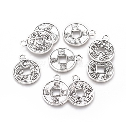 Tibetan Style Alloy Pendants, Flat Round with Chinese Character, Antique Silver, 18x14x1mm, Hole: 2.4mm(TIBEP-G024-09AS)