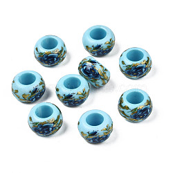 Flower Printed Opaque Acrylic Rondelle Beads, Large Hole Beads, Sky Blue, 15x9mm, Hole: 7mm(SACR-S305-27-E01)