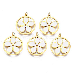 316 Surgical Stainless Steel Pendants, with Jump Rings and Enamel, Real 18K Gold Plated, Ring with Flower, White, 15.5x14x1mm, Hole: 1.4mm, Jump Ring: 3.5x0.5mm, 1.4mm inner diameter(STAS-N097-030A)
