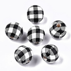 Printed Natural Wooden Beads, Round with Check Pattern, Black & White, 14x13mm, Hole: 3mm(X-WOOD-R270-10B)