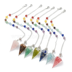 Chakra Jewelry, Resin Hexagonal Pointed Dowsing Pendulums, with Natural Mixed Gemstone Beads Inside and Platinum Plated Brass Findings, Faceted, Cone/Spike/Pendulum, 244mm(G-L572-14P)