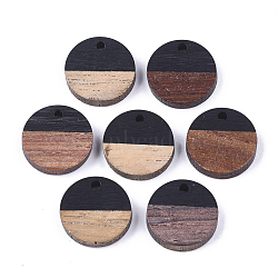 Resin & Walnut Wood Pendants, Flat Round, Black, 14~15x3~4mm, Hole: 1.8mm(RESI-S358-02E-08)