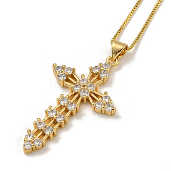 Brass Pave Clear Cubic Zirconia Cross Pendant Necklaces for Women Men, Real 18K Gold Plated, 17.52 inch(44.5cm)