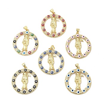 Rack Plating Brass Micro Pave Clear Cubic Zirconia Pendants, with Enamel, Cadmium Free & Lead Free, Real 18K Gold Plated, Ring with Saint & Evil Eye, Mixed Color, 32.5x30x3.5mm, Hole: 3.5x5mm