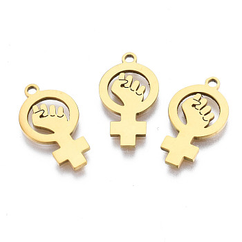Ion Plating(IP) 201 Stainless Steel Pendants, Laser Cut, Feminism Sign, Golden, 18x10x1mm, Hole: 1.4mm