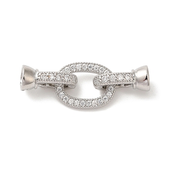 Brass Micro Pave Clear Cubic Zirconia Fold Over Clasps, Long-lasting Plated, Real Platinum Plated, 30mm, Hole: 4mm