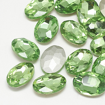 Pointed Back Glass Rhinestone Cabochons, Back Plated, Faceted, Oval, Peridot, 18x13x5.5mm